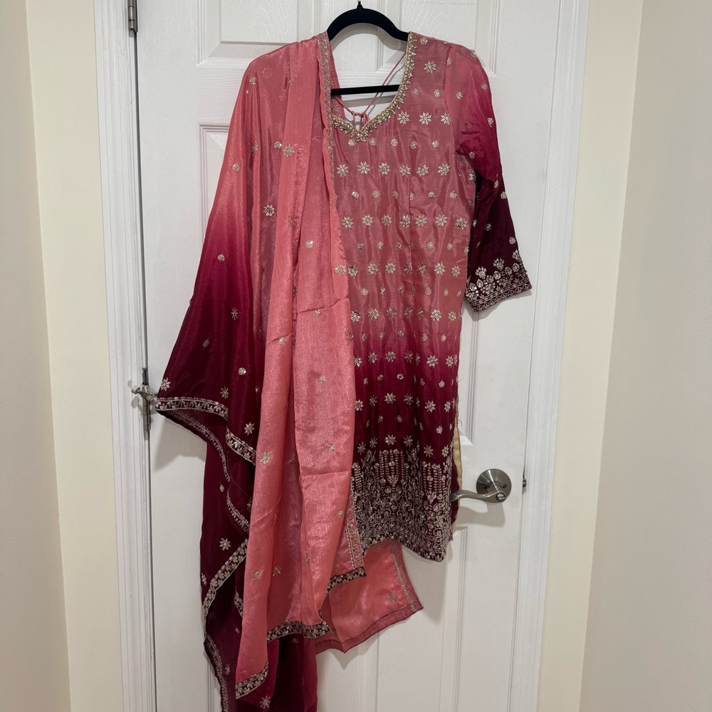 Womens Indian Pakistani Suit Sharara Palazzo Pink Burgundy Ombre Size 42